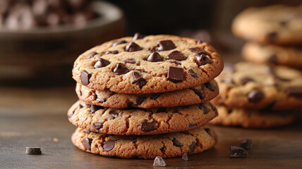 Stack of chocolate chip cookies on wooden table