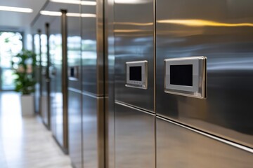 This image showcases a row of sleek stainless steel lockers in a modern hallway, highlighting contemporary design and storage solutions in an office or shared environment.