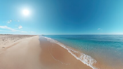 Endless sandy shores meet a serene ocean under a clear blue sky, inviting relaxation and exploration at this tranquil beach getaway