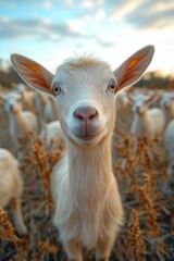 Obraz premium A young goat stands in a green field, ready to explore