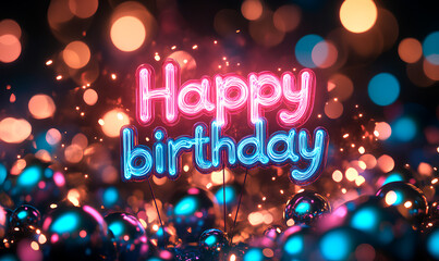 Neon happy birthday sign glowing brightly against a festive background with colorful blurred lights creates a celebratory atmosphere