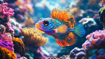 Mandarin fish navigating through a colorful coral reef, showcasing the ocean's beauty and marine life, ideal for nature and underwater exploration visuals.
