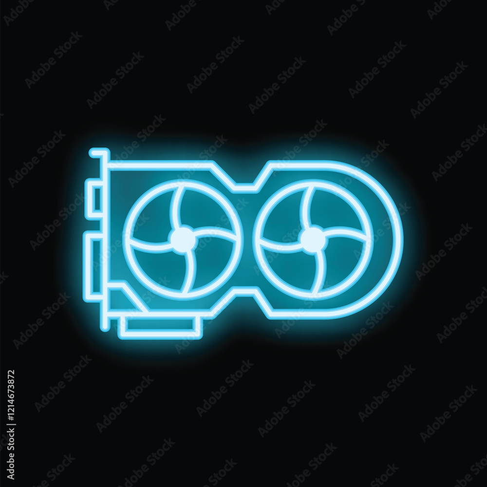 Fototapete blue neon icon of a computer graphics card with two cooling fans, glowing on a dark background