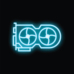 Blue neon icon of a computer graphics card with two cooling fans, glowing on a dark background