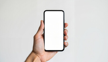 Hand holding smartphone against white background, smartphone mockup in hand