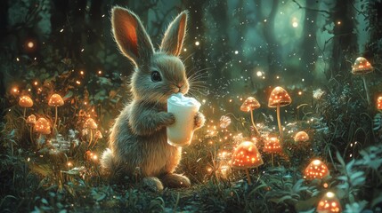 Whimsical forest illustration of rabbit holding soda glass glowing mushrooms