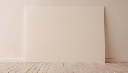 Naklejka premium blank poster on the white wall and the floor,White frame with a blank poster mockup leaning against a plain white wall on a light wooden floor,945