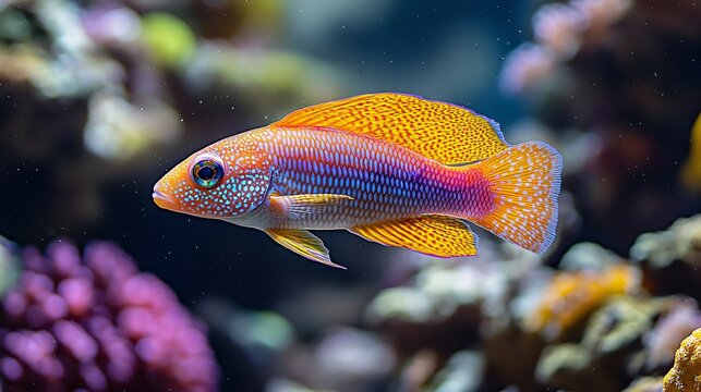 Dynamic underwater scene of an Orchid Dottyback fish swimming through colorful coral reefs and vibrant schools of fish, perfect for ocean and wildlife visuals.