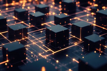 A group of small black cubes arranged on a dark, flat surface