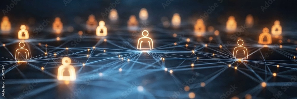 Poster abstract representation of social network with connected figures illuminated by bright lights in a d