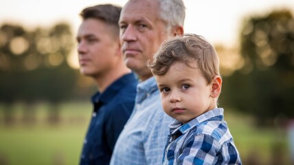 Fototapeta premium Three-generation male family portrait outdoors, young boy in blue plaid shirt foreground while middle-aged father and senior grandfather stand behind in soft-focus countryside at sunset