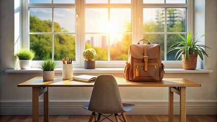 Stylish Backpack on Desk by Window: Freelancer Workspace, Modern Office, Travel Prep, Minimalist Aesthetic,  Study Space