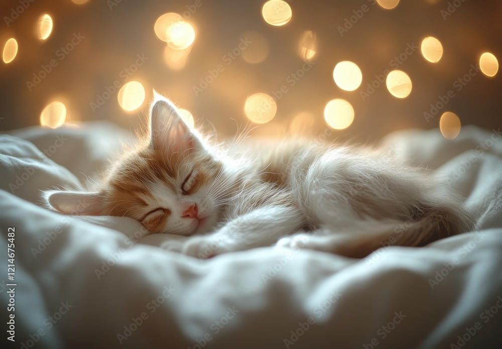 Poster Sleepy kitten resting peacefully on soft blanket with soft bokeh lights in the background creating a dreamy and serene atmosphere perfect for pet lovers and cat enthusiasts.