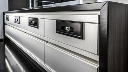 Fototapeta premium Stylish Black and White Electrical Drawers - Modern Kitchen Storage Solution