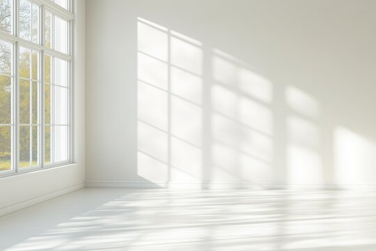 Bright empty room with big window. Sunlight casts patterns on white wall and floor. Modern minimalist interior design. Clean and airy space. Great for showcasing home decor or architecture.