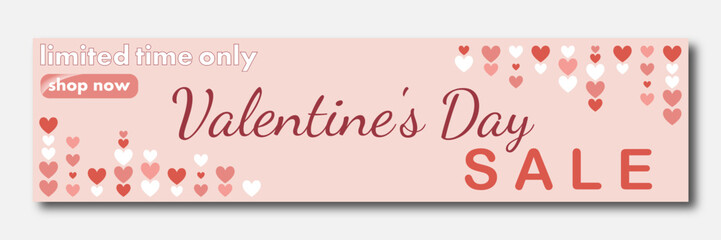 Valentine's Day sale, template discount banner design with hanging multicolored rose hearts to promote purchases in the 14 february. modern vector illustration for website header, flyer, poster