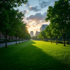Obraz premium Vibrant Green City Park at Dusk Capturing Health and Vitality