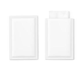 Open and closed sachet bag mockups for single wet wipe. Vector illustration isolated on white background. Flat lay view. Can be use for template your design, presentation, promo, ad. EPS10.