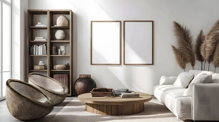 A clean, minimalistic living room adorned with soft, comfortable furnishings.