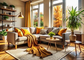 Fototapeta premium Stylish Home Decor: Cozy Living Room with Textured Throw Blanket and Natural Light