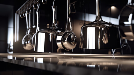 modern kitchen appliances with polished chrome finishes, reflecting soft ambient lighting