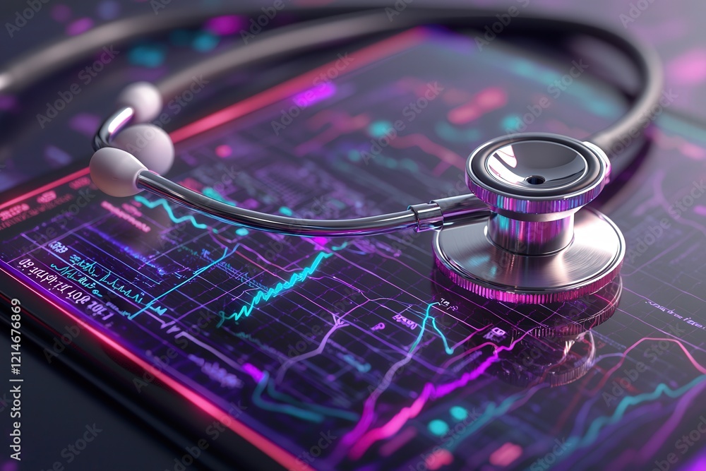 Poster a close-up of a stethoscope resting on a glowing tablet screen displaying patient data and vitals