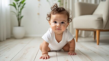 Naklejka premium Cute baby crawling on wooden floor in bright nursery