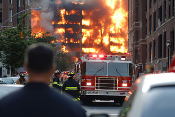 Firefighters and emergency vehicles respond urgently to a raging fire in a high-rise building, embodying bravery and dedication during urban crises and emergencies.