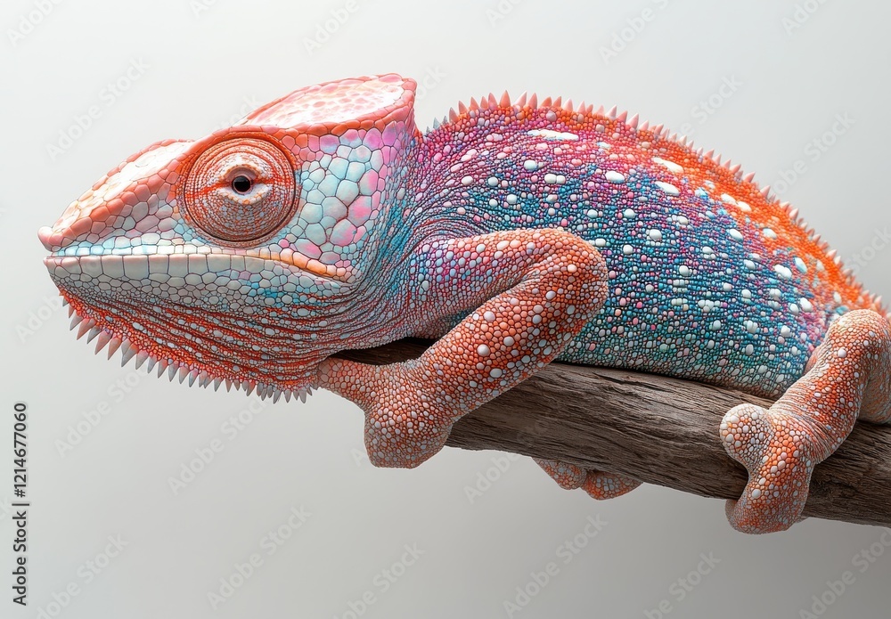 Poster vibrant chameleon displaying colorful patterns on a branch against a neutral background, showcasing 