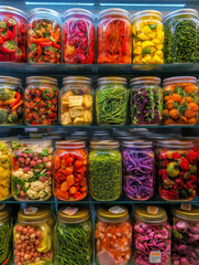 Obraz premium Industry processed food preservation. Manufacturing artificial. Colorful display of preserved foods in a factory setting.