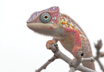 Fototapeta premium Vibrant Chameleon on Branch Showcasing Stunning Colors and Intricate Patterns, Perfect for Nature Lovers and Wildlife Enthusiasts Capturing Unique Animal Beauty