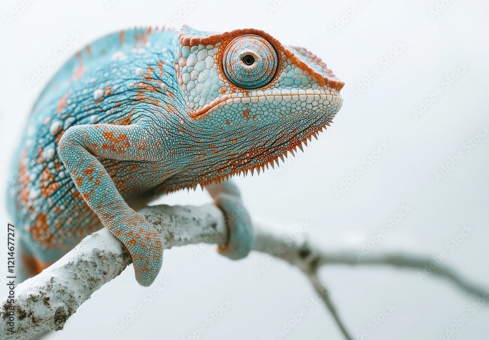 Poster vibrant chameleon perched on a branch showcasing colorful scales and unique texture against a soft l