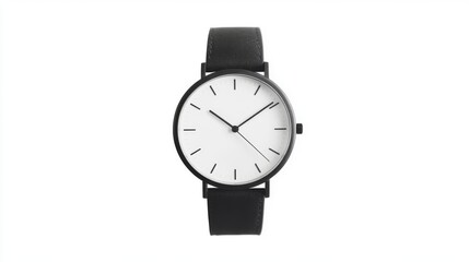 Minimalist black wristwatch with white face and black leather strap.