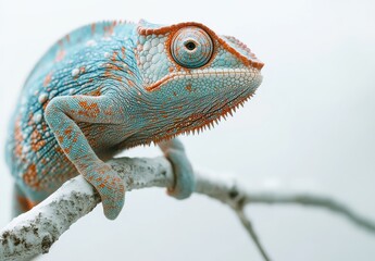 Obraz premium Vibrant Chameleon Perched on a Branch Showcasing Colorful Scales and Unique Texture Against a Soft Light Background