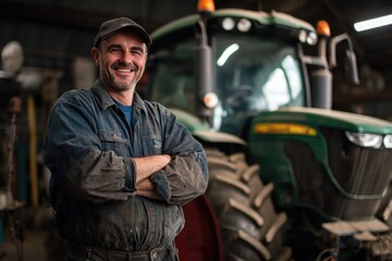A person standing beside a tractor, possibly for maintenance or repairs