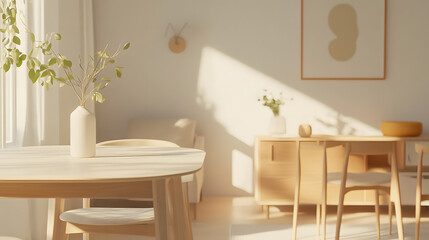 Bright dining room with minimalist design and natural light streaming through large windows.
