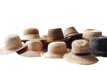 A collection of hats with different colors and styles. on transparent background.