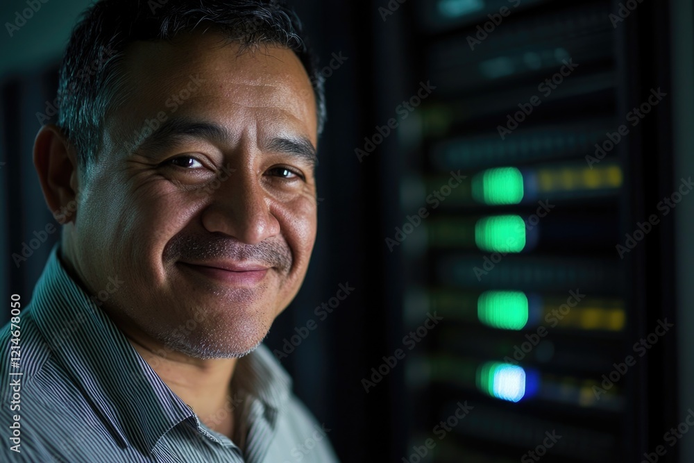 Poster a happy man standing in front of a row of computer servers, ideal for tech-related concepts and huma
