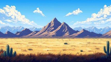 Obraz premium Desert landscape with mountains and cacti under a bright blue sky with scattered clouds and birds in distance
