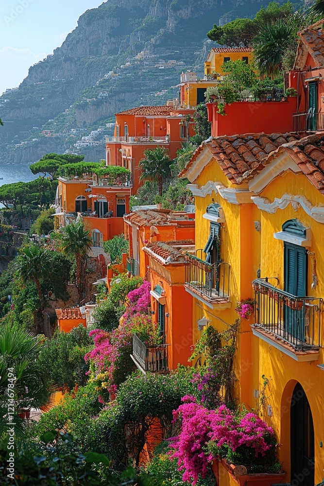 Poster a scenic view of colorful buildings on a hillside, suitable for use in travel or architecture-relate