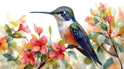 bird on an isolated white background, watercolor illustration, hand drawing, cute hummingbird