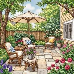 Fototapeta premium Garden patio with furniture and flowers in a sunny setting