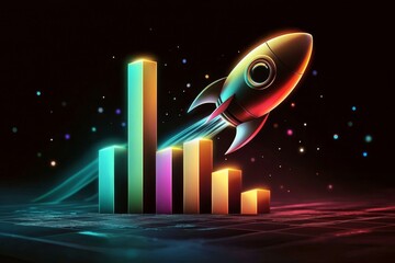 The creative combination of a rocket ship and a bar chart illustrates growth.