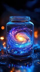 A mesmerizing galaxy swirls within a glass jar, its beauty enhanced by vibrant colors and twinkling stars that dance in the enchanting display