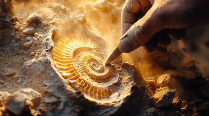 A geologist meticulously chisels away at a fossil, creating a mesmerizing cloud of dust that glimmers in the sunlight, revealing its intricate details