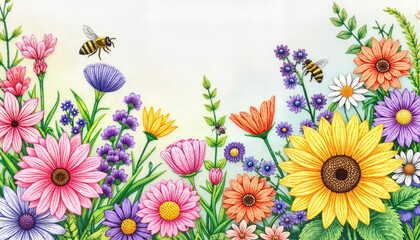 Fototapeta premium Colorful flowers and bees in vibrant garden illustration