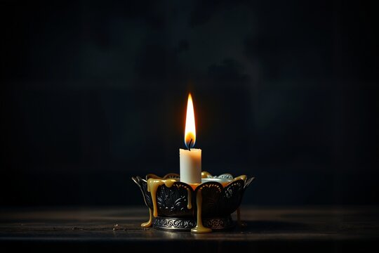 Eine brennende Kerze in einem metallenen Kerzenhalter steht im Fokus vor dunklem Hintergrund und das weiche Licht betonen die flackernde Flamme, die Hoffnung und Erinnerung symbolisiert.