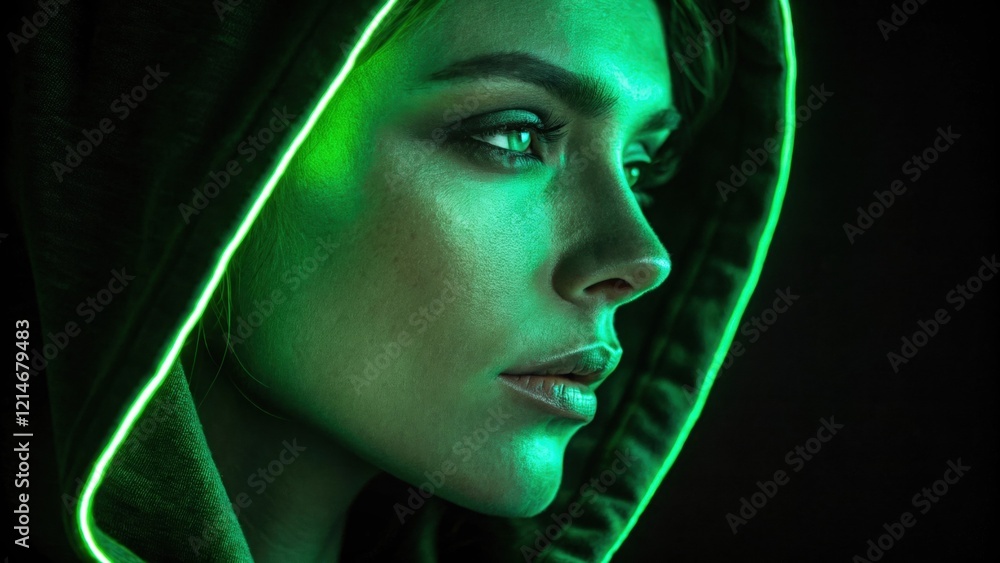 Poster a closeup of a face partly shrouded in shadow with one side awash in glowing green neon light accent