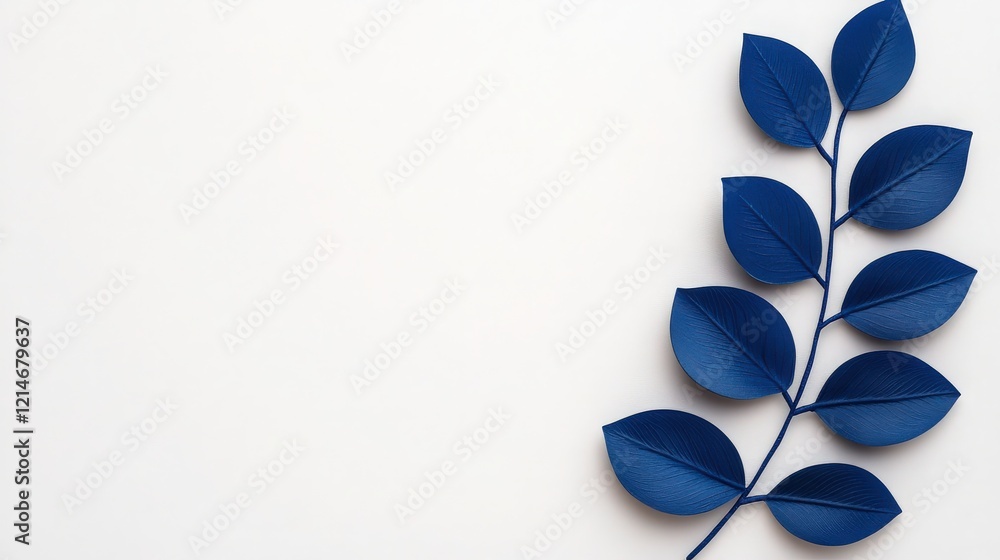 Poster blue branch minimalism: a stylized branch with deep blue leaves extends gracefully across a clean, m