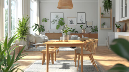 Fototapeta premium Cozy living space with natural light pouring in through large windows, filled with modern furniture.
